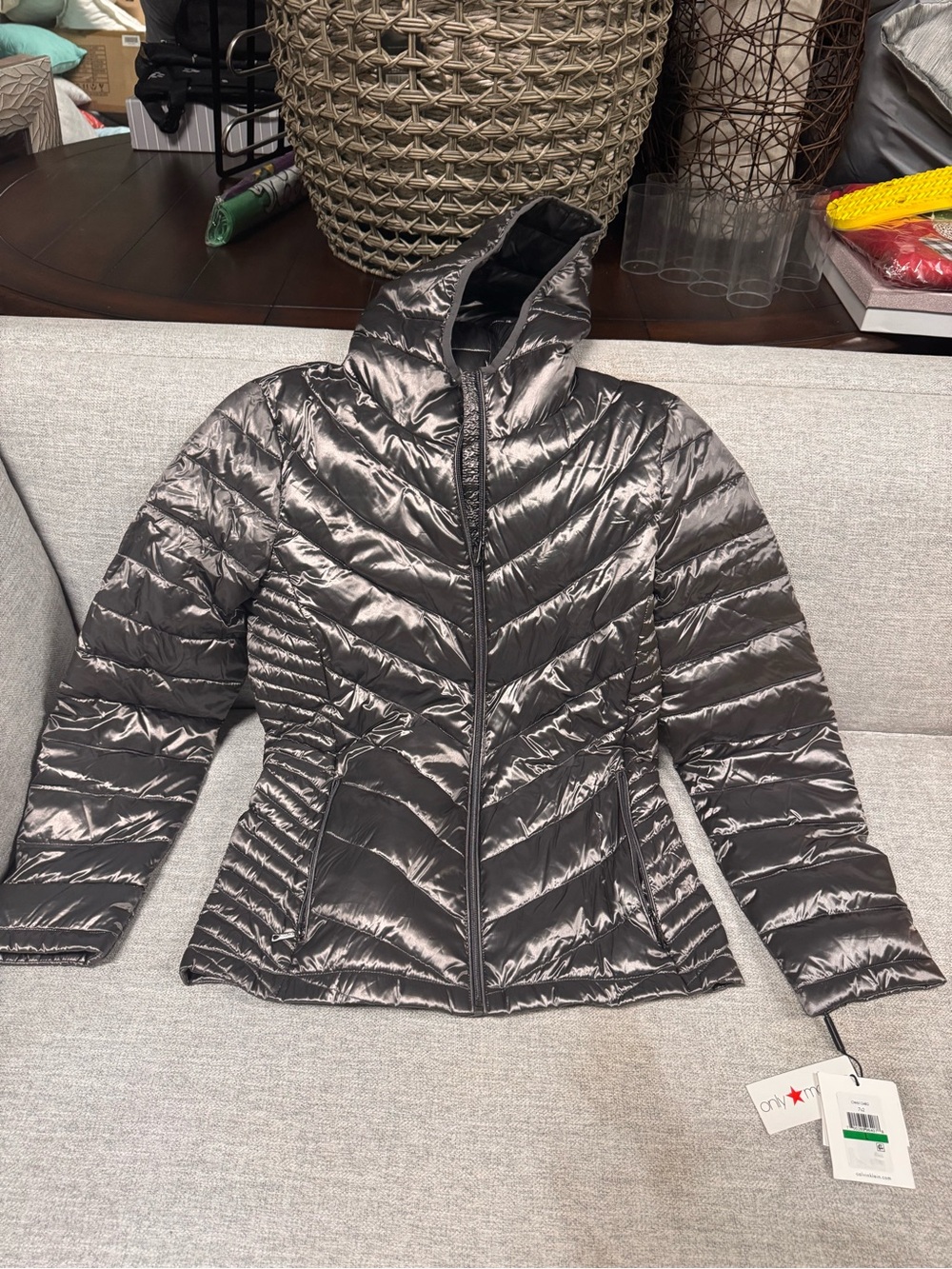 Calvin Klein Metallic Silver Hooded Quilted Puffer Jacket